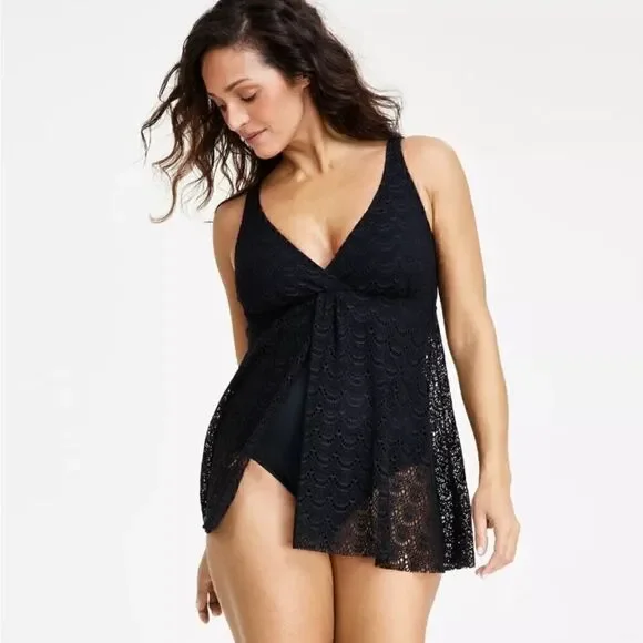 SWIM SOLUTIONS Women's Tummy-Control Flyaway Swimdress, swimwear onesuit - Picture 4 of 13